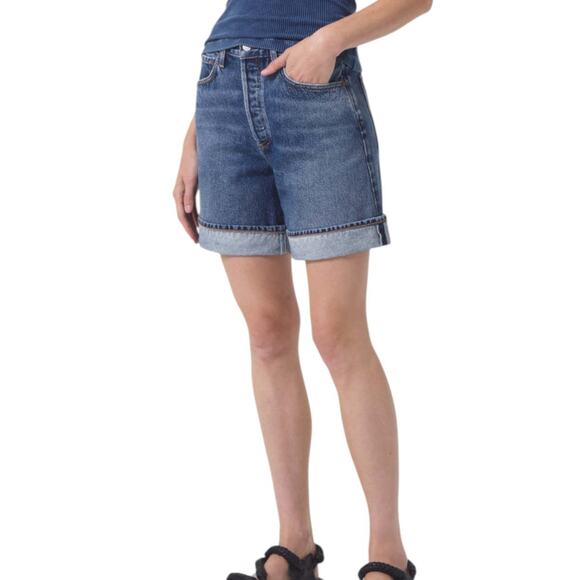 Agolde Dame Shorts High Rise Baggy Blue Denim Cuff Button Fly - Picture 2 of 11